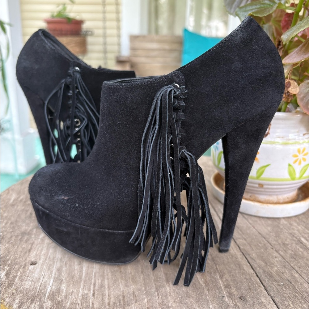 bebe Black Suede Fringe Booties